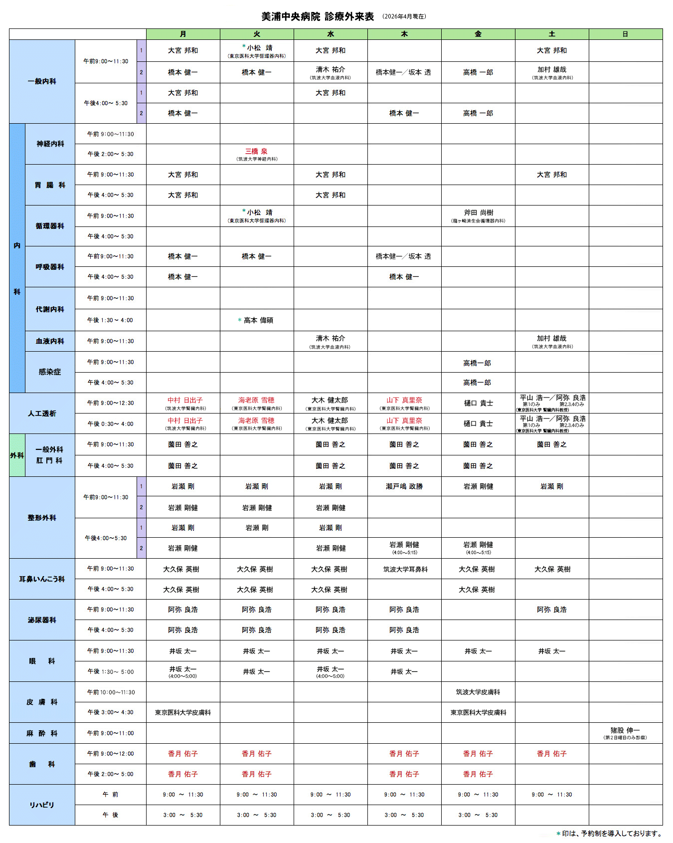 美浦中央病院 診療外来表（2026.04.01~）